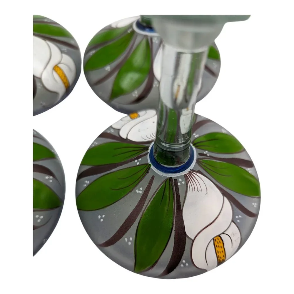 Set of 4 Hand Painted Mexican Blue Rim Margarita Glass White Calla Lilies Lily